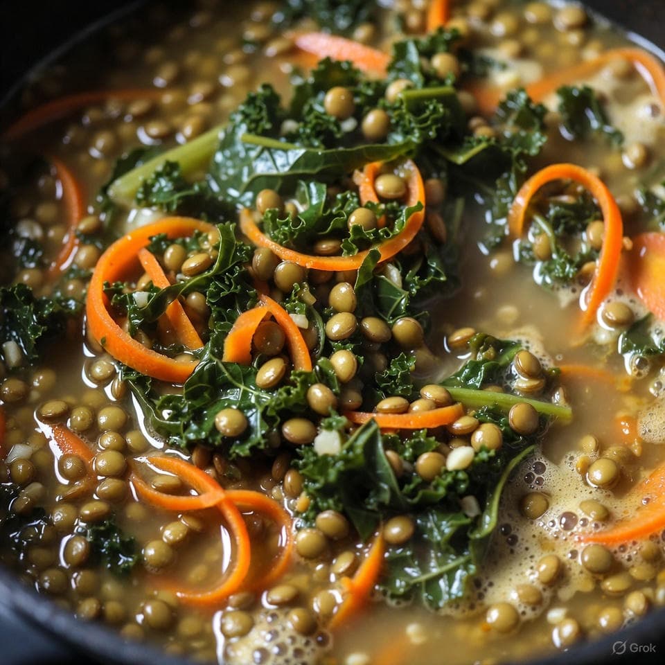 Simmering pot of green lentils with kale ribbons and carrot swirls