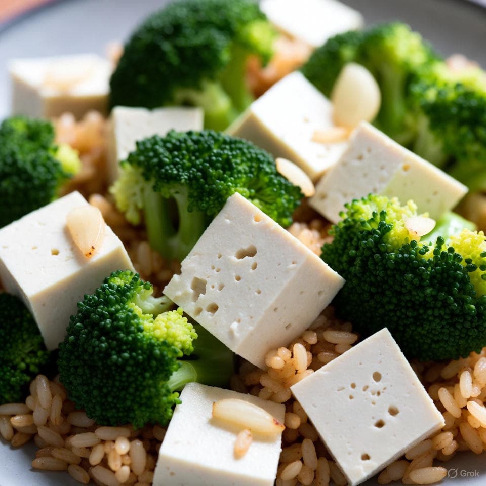 Steamed tofu cubes nestled with broccoli florets and brown rice, garnished with garlic flecks