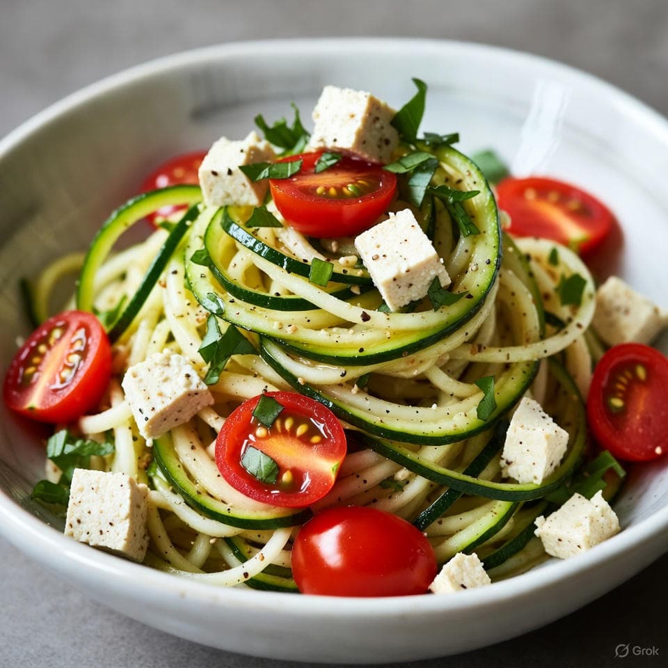 Spiralized zucchini noodles with crumbled tofu, tomatoes, and basil leaves