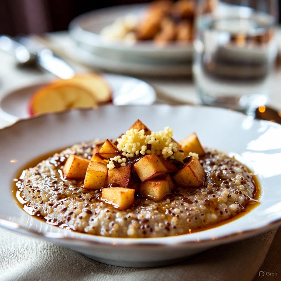 Warm quinoa porridge with diced apples, ground flax, fresh ginger, and a hint of maple