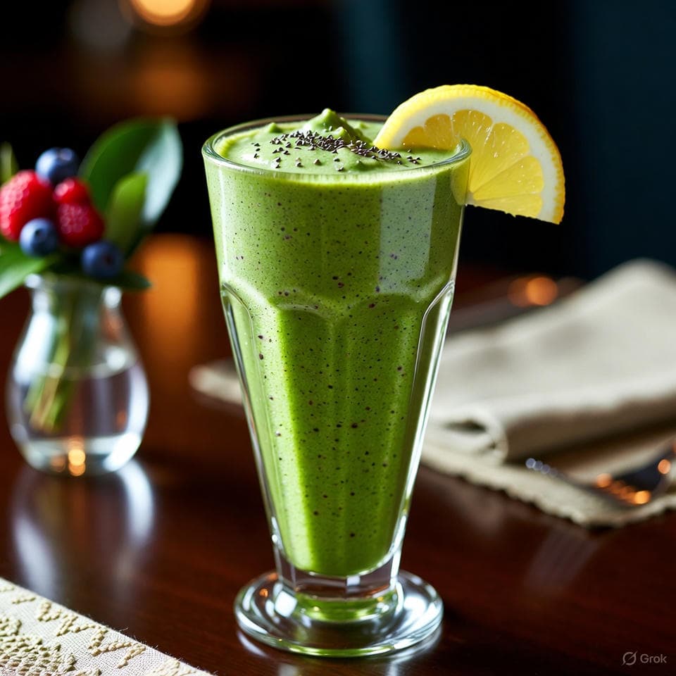 Refreshing green-tinged berry smoothie in a tall glass, topped with chia seeds and a lemon wedge