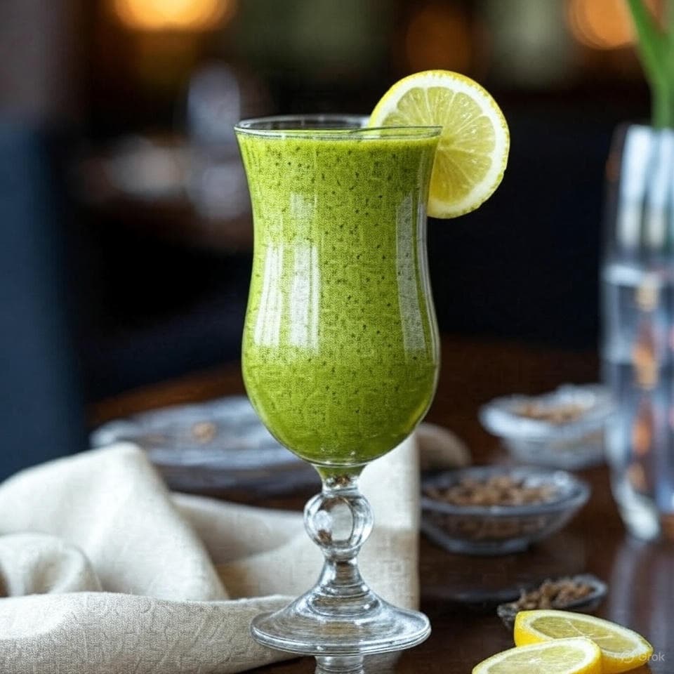 Refreshing green smoothie blended with broccoli sprouts, kale, lemon, apple, and chia seeds