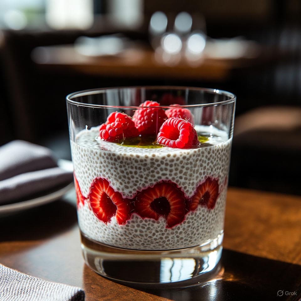 Creamy chia pudding layered with fresh berries and a subtle black seed oil swirl