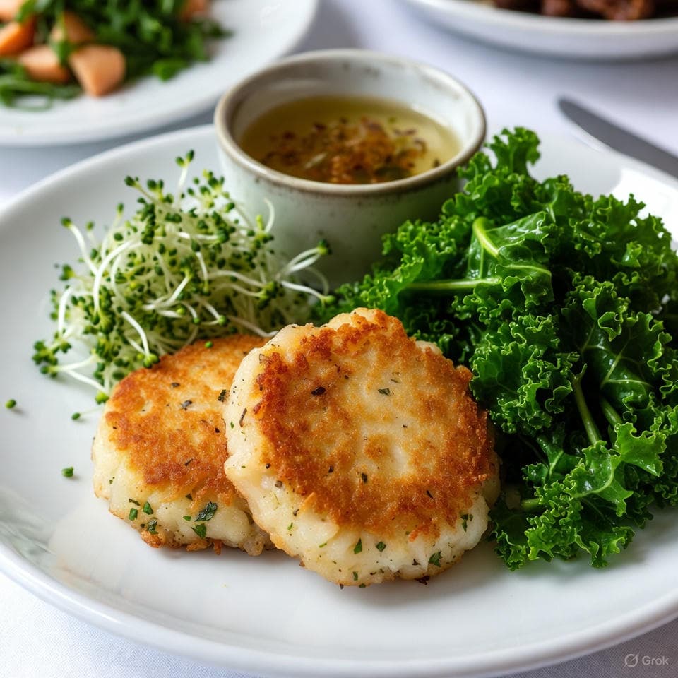 Pan-fried cod cakes with wilted kale, lemon-turmeric flax sauce, and broccoli sprout garnish