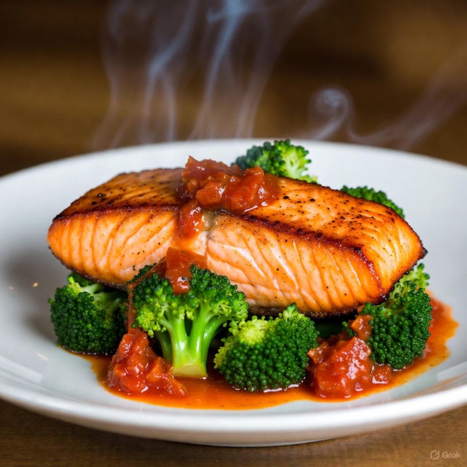 Crispy-skinned seared salmon fillet over broccoli flames, glazed with tomato relish and lemon-ginger zest