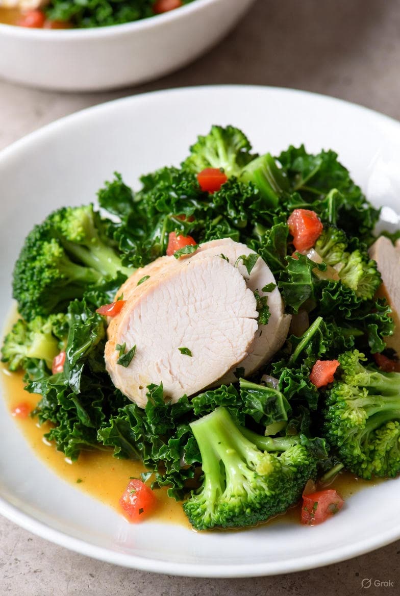 Succulent poached turkey medallions nestled in vibrant broccoli and kale, glazed with lemon-turmeric broth, scattered with ruby tomato confetti