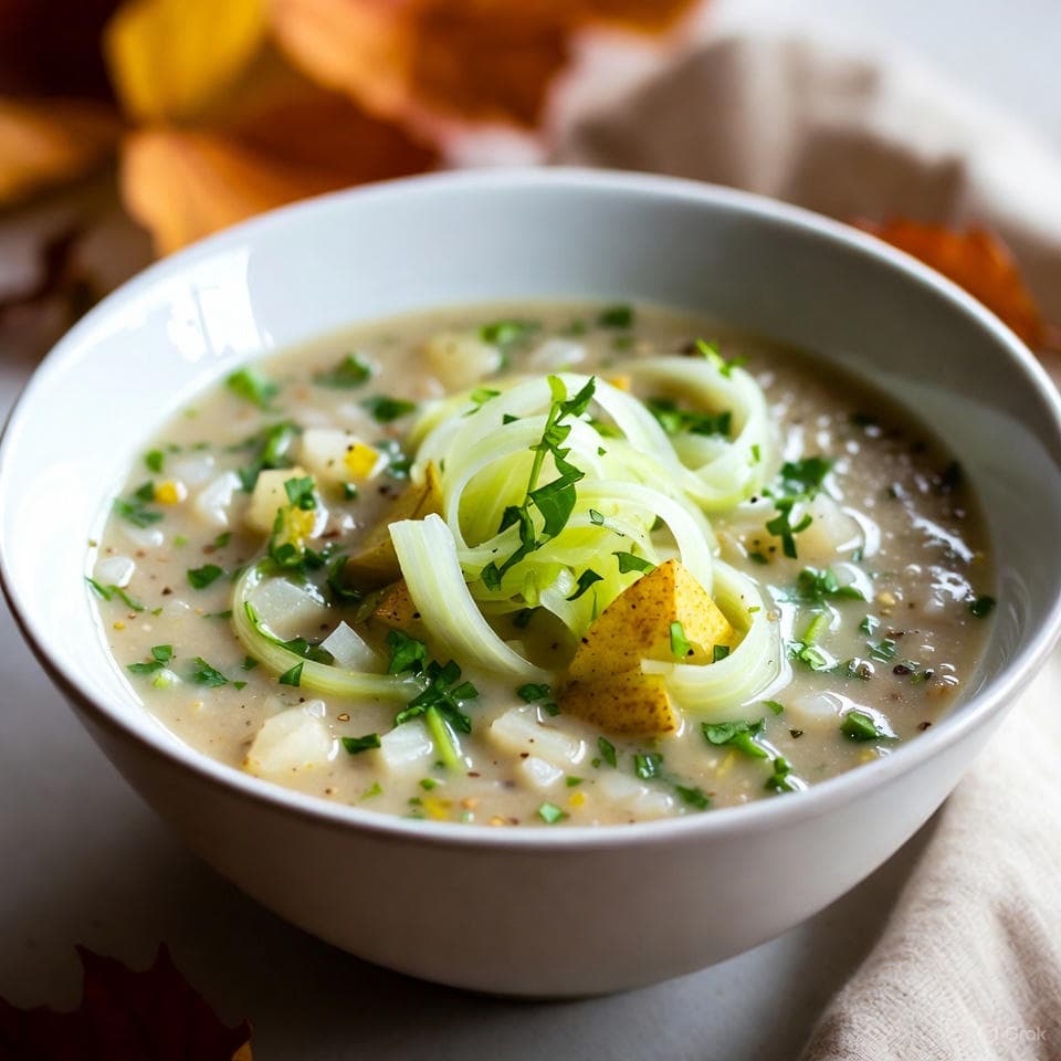 Velvety earthy mushroom bisque swirled with fennel ribbons, watercress pepper, and pear hush