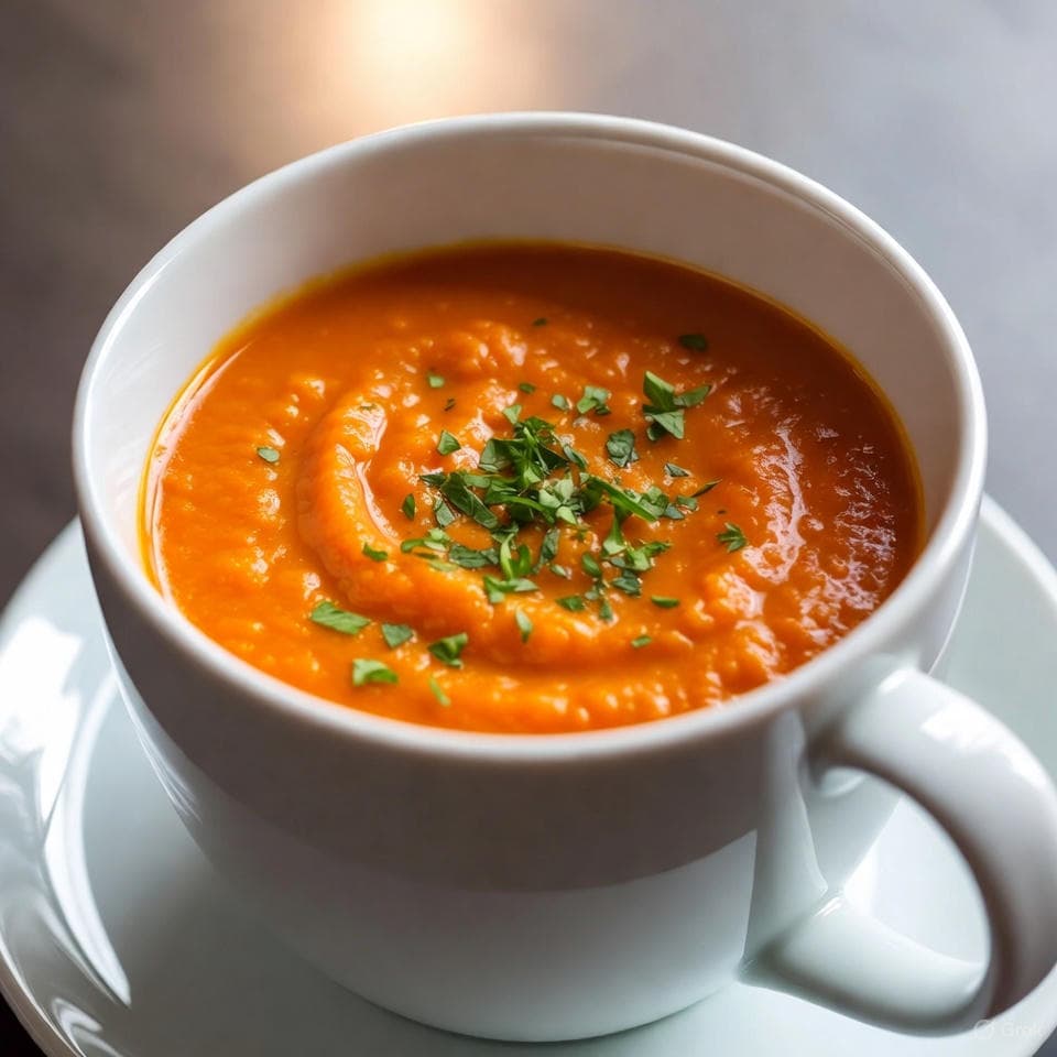 Velvety golden carrot-ginger bisque with lentil hush and lemon-bright veil
