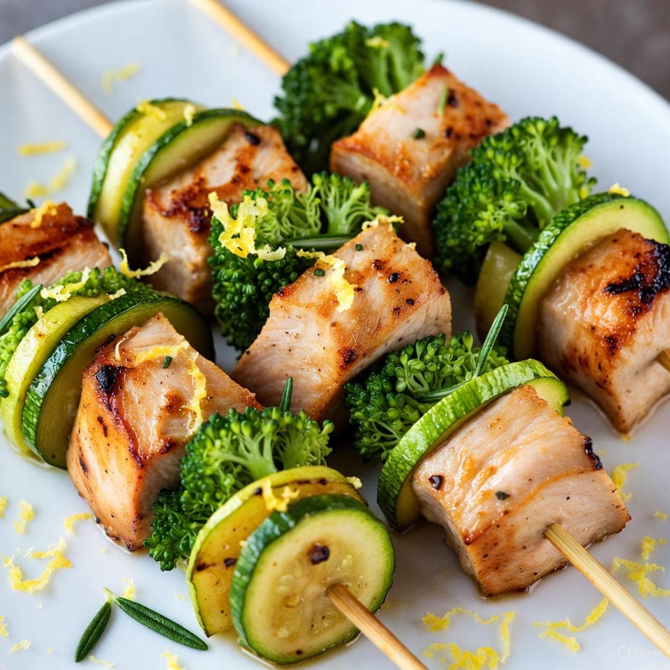 Juicy grilled chicken skewers threaded with broccoli sprouts, zucchini, and a light lemon-olive oil glaze