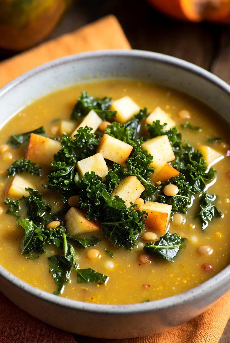 Velvety golden butternut squash bisque swirled with kale whispers, apple flecks, and lemon-bright veil