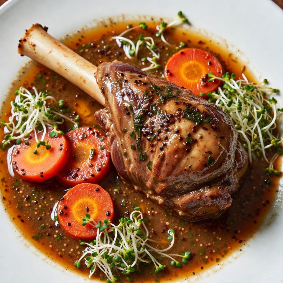 Slow-braised lamb shank with glazed carrots, rosemary-black seed broth, and flax-thickened jus