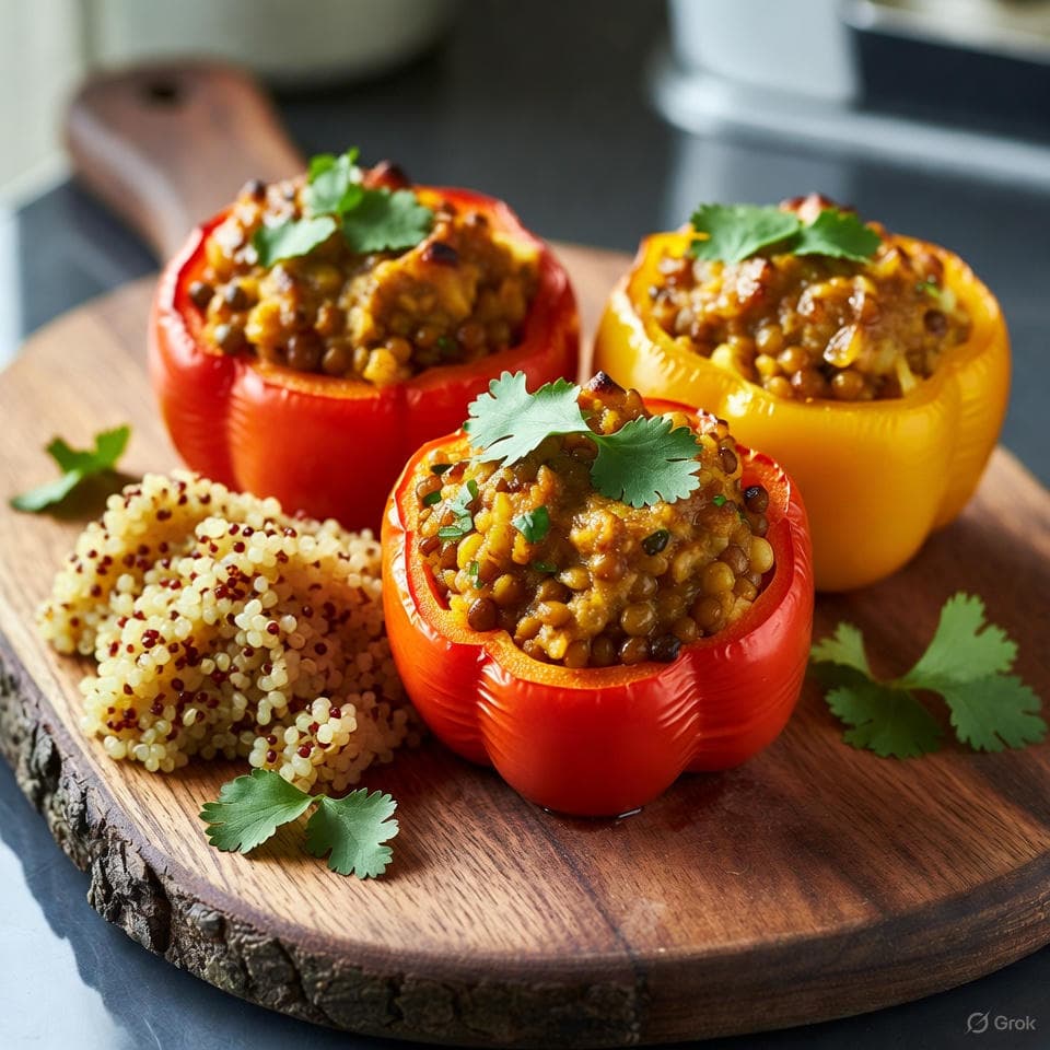 Baked bell peppers stuffed with spiced lentils, quinoa pilaf, turmeric glaze, and fresh herbs