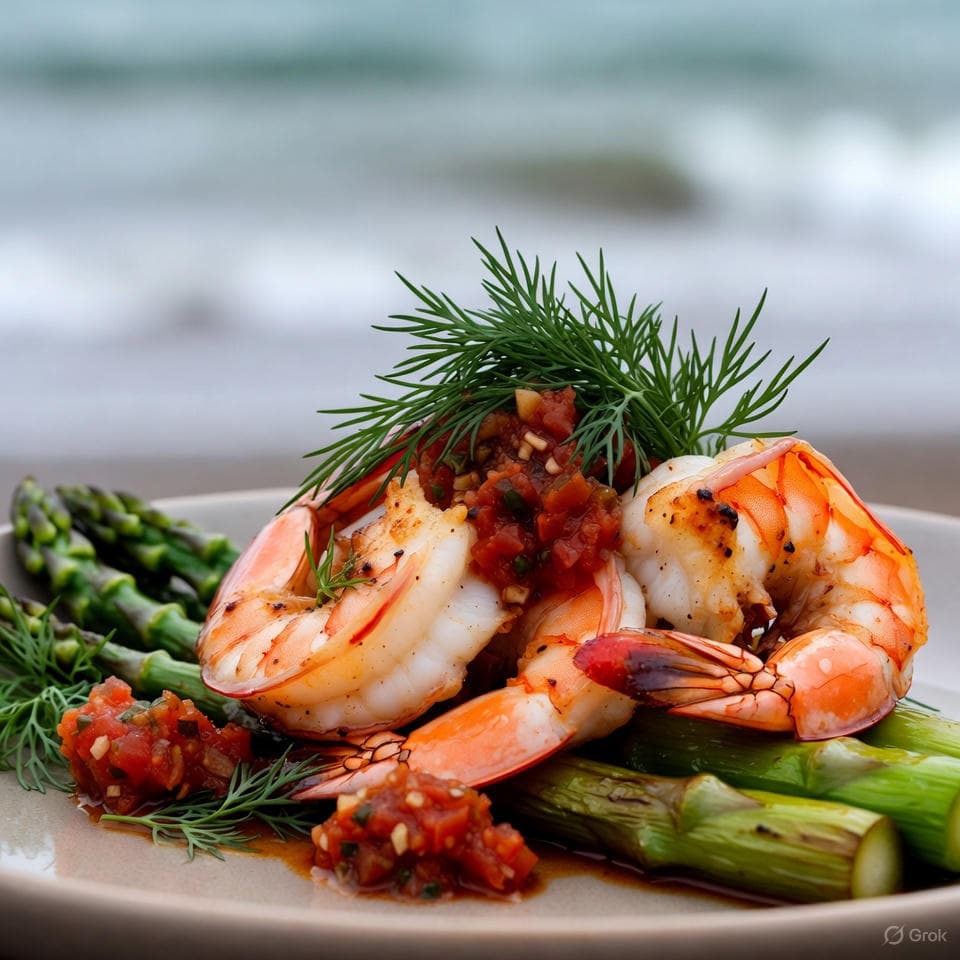 Grilled pink shrimp curled over charred asparagus wands, spooned with spiced tomato relish and dill hush
