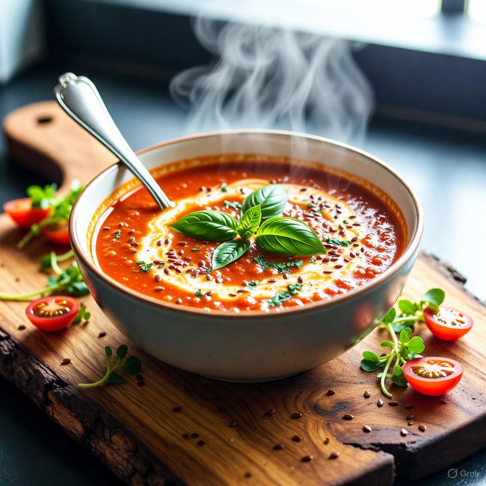 Steaming bowl of vibrant tomato basil soup garnished with fresh basil leaves and a flaxseed sprinkle