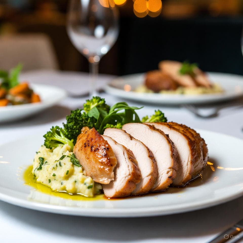 Roasted turkey breast with creamy cauliflower mash, garlic-broccoli sprout EVOO drizzle, and flax