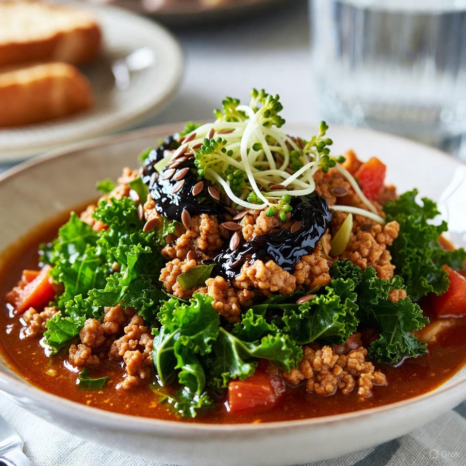 Hearty turkey chili simmered with chopped kale, garlic-turmeric base, black seed swirl, and flax topping
