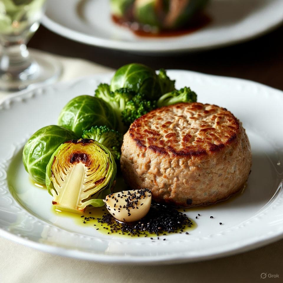 Mini turkey meatloaf loaf with roasted Brussels sprouts, garlic-black seed glaze, and flax crumble