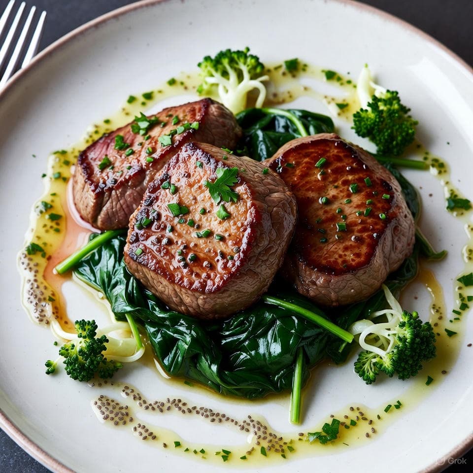 Pan-seared venison medallions with wilted spinach, lemon-chia garlic sauce, and broccoli sprouts