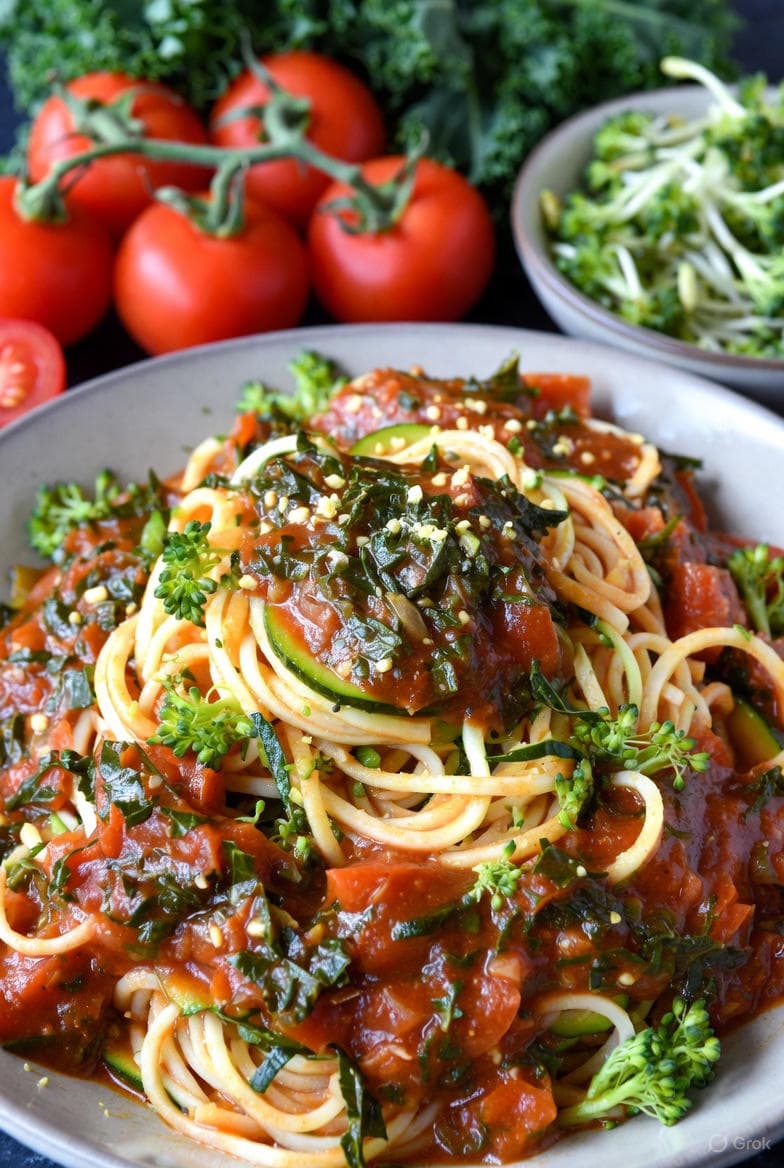 Twirly zucchini noodles in glossy tomato-kale marinara, dusted with nutritional yeast and broccoli sprout confetti